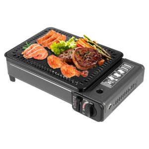 2-in-1 Portable Camping Grill Gas Stove, Portable Butane Gas Stove with Grill Accessories Set, Gas Grill Stove for Camping, Outdoor and Indoor, Black