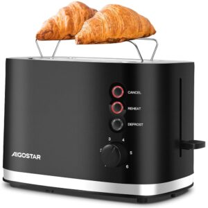 Aigostar Energy - Toaster 2 Slices with Bun Attachment, Extra Wide Toast Slots & Bread Centring, 6 Browning Levels, Cancel, Defrost & Reheat Functions, Crumb Drawer, 800 W, Black