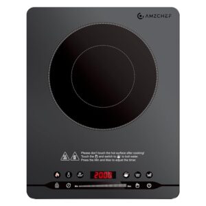 AMZCHEF Induction Hob 2000 W Induction Hob with Quiet Running (≤42 dB), 9 Power and Temperature Levels, 4 Automatic Menus, Ultra Thin Housing Design, Safety Lock, Timer, Grey