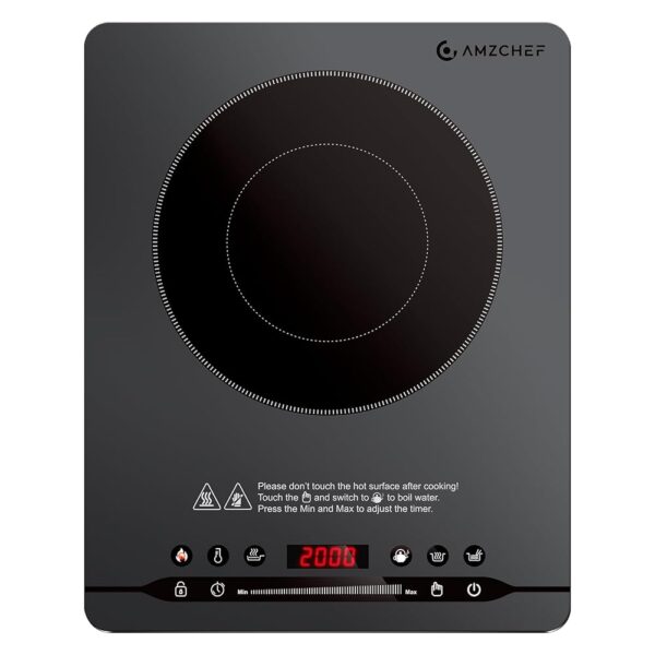 AMZCHEF Induction Hob 2000 W Induction Hob with Quiet Running (≤42 dB), 9 Power and Temperature Levels, 4 Automatic Menus, Ultra Thin Housing Design, Safety Lock, Timer, Grey