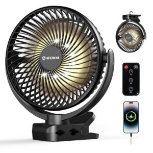 Ateroll 10000 mAh Clip-On Fan with Remote Control, 3 Speeds USB Fan Battery with Timer and LED Lights, 360° Rotating 8 Inch Battery Operated Table Fan for Home, Office and Camping