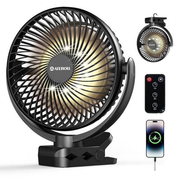 Ateroll 10000 mAh Clip-On Fan with Remote Control, 3 Speeds USB Fan Battery with Timer and LED Lights, 360° Rotating 8 Inch Battery Operated Table Fan for Home, Office and Camping