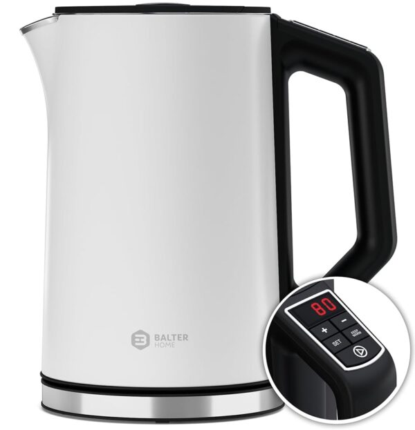 BALTER Stainless Steel Kettle with Temperature Setting, 40 °C - 100 °C, Double Wall, BPA-Free, Quiet & Wireless, Kettle, Tea Maker with Temperature Selection, 1.5 L, 2200 W, White