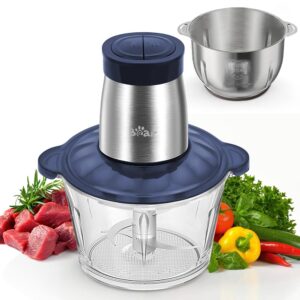 Bear 2L + 1.8L Meat Grinder Electric Chopper Glass + Stainless Steel, 600 W 2 Speed, Chopper with 4 Stainless Steel Blades and Meat Grinder, Chopper for Meat, Baby Food, Fruit,...