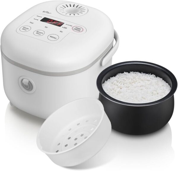 Bear Rice Cooker 4 Cups (uncooked) with Steamer, Multifunctional 350 W Electric Rice Cooker Mini, 6 Rice Cooking Functions for 2-4 People, White