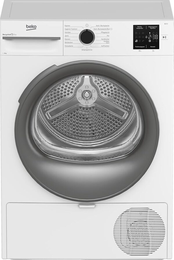 Beko BM3T38210W1 Heat Pump Dryer, Tumble Dryer, 8 kg, Suitable for Allergy Sufferers, Hygiene Drying & Refreshing Hygiene, 15 Programmes, Express, White