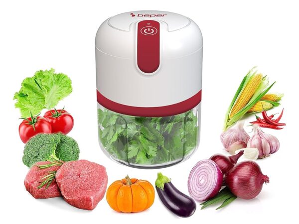 BEPER P102ROB050 Mini Food Processor with USB Port, Capacity 250 ml, Power 3.7 V, 3 Stainless Steel Blades, Rechargeable Battery, Red/White, White