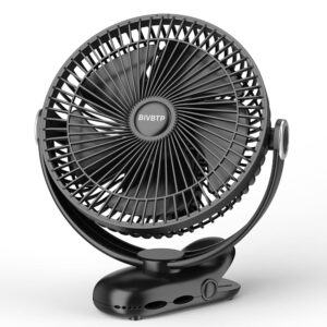 BIVBTP Portable Clip-On Fan, 12000 mAh Battery Fan with Clip for Pushchair, 720 Degree Rotation, 4 Speeds, USB Desk Fan for Office, Outdoor Travel, Camping (Black)