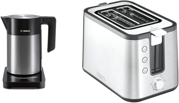 Bosch TWK7203 Wireless Kettle, Automatic Shut-Off, 1.7 L, 2200 W, Black & Krups KH442D Control Line Premium Toaster, Stainless Steel, 2 Short Slots for 2 Slices, 850 W,...