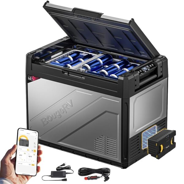 BougeRV Rocky2 65L Compressor Cool Box Car with Battery Cool Box 12 V 230 V with Battery Operated 173 Wh Rechargeable Solar Charging Dual Zone Car Fridge 12/24 V 5.7 cc...