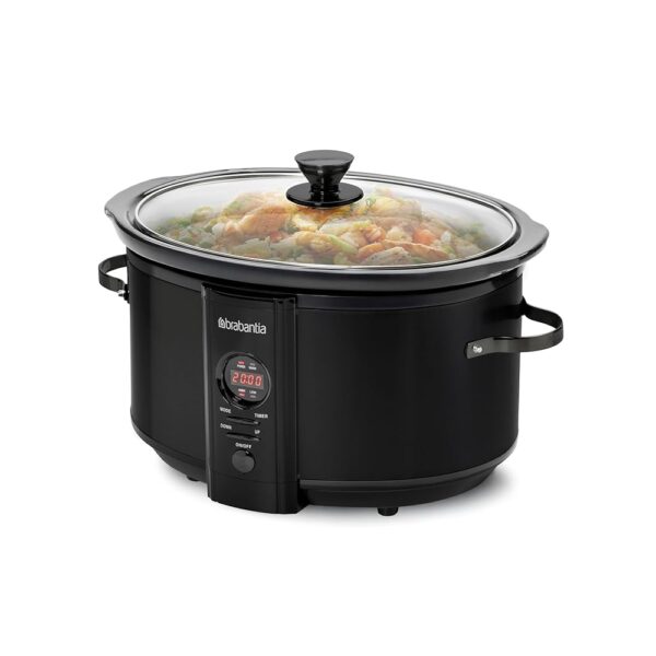 Brabantia Slowcooker XXL - 6.5 Litres, 8 People, Keep Warm Function, Transparent Glass Lid, Ceramic Inner Pan, Digital Timer, Easy Use, 320 Watt, Stainless Steel, Black, BBEK1083MB