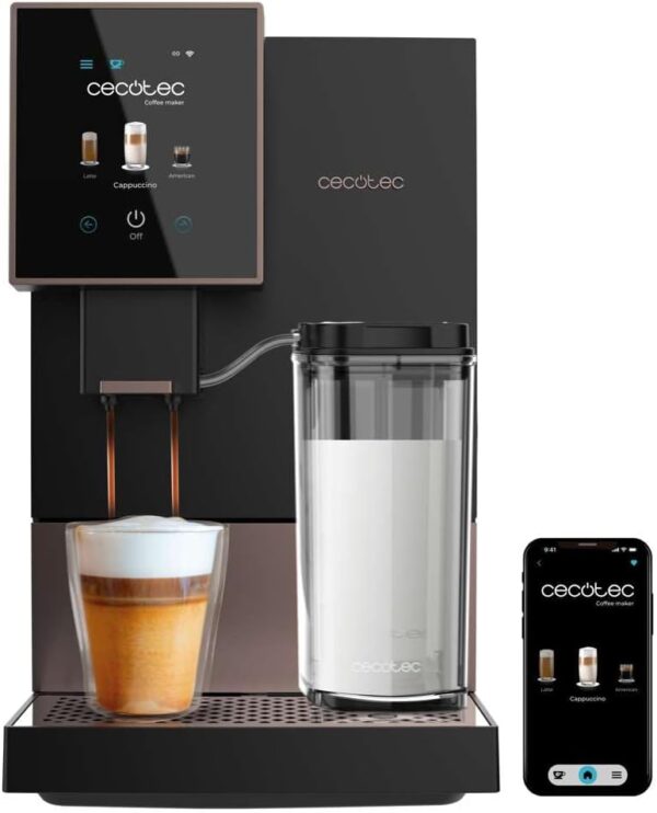 Cecotec Compact Super Automatic Coffee Machine with Wifi Cremmaet Compactccino Connected Black Rose. 1350 W, 19 Bar, TFT Screen and App, Grinder, Milk Tank 400 ml and 1 Litre of...