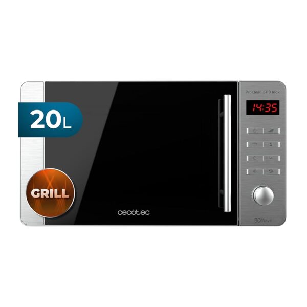 Cecotec Microwave Pro Clean 5110 Inox. 700 W, Grill 800 W, 20 L, Ready 2 Clean, Coating 3D Wave Front Mirror, 8 Programmes, 60 Minute Timer, LED, Stainless Steel in Silver Black