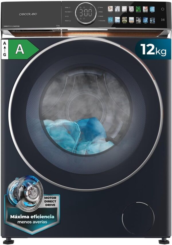 Cecotec Washing Machine 12 kg Front Loading Bolero DressCode 12980 Direct Drive Blue A. 1400 rpm, Direct Drive Motor, Low Consumption, FullColour Display, Imitation Leather...
