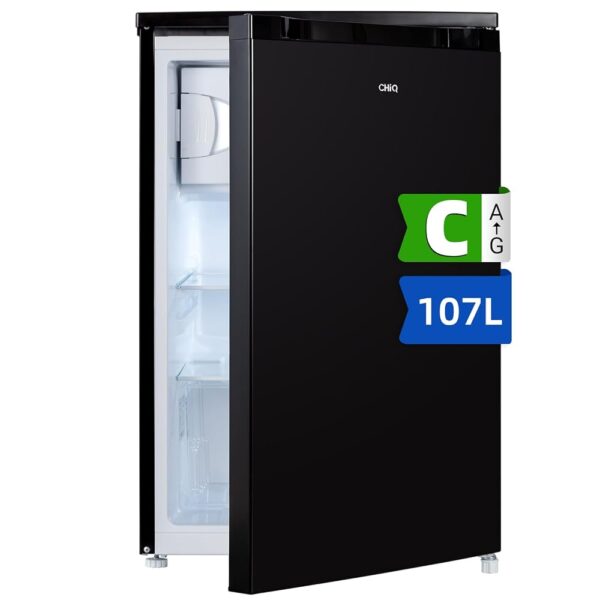 CHIQ CTT107BC Small Fridge 107 Litres, Height 84 cm, Depth 55 cm, Vario Box, Micro Freezer, 7 Temperature Control Levels, Low Noise, 87 kWh per Year, Black