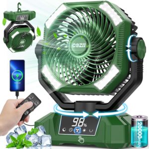 COZII Camping Fan 20000 mAh, USB Fan Battery Table Fan with Light, Oscillating, Touch Screen, Remote Control, 5 Speeds, 8 Timing, Quiet Fan for Camping, Fishing, Office