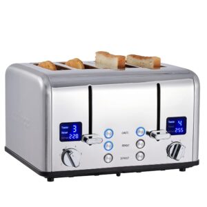 CUSIMAX Toaster 4 Slices, Stainless Steel with LED Display & 4 Extra Wide Toaster Slots, 2 Individual Control Panels with 6 Browning Levels, Cancel, Reheat & Defrost Function