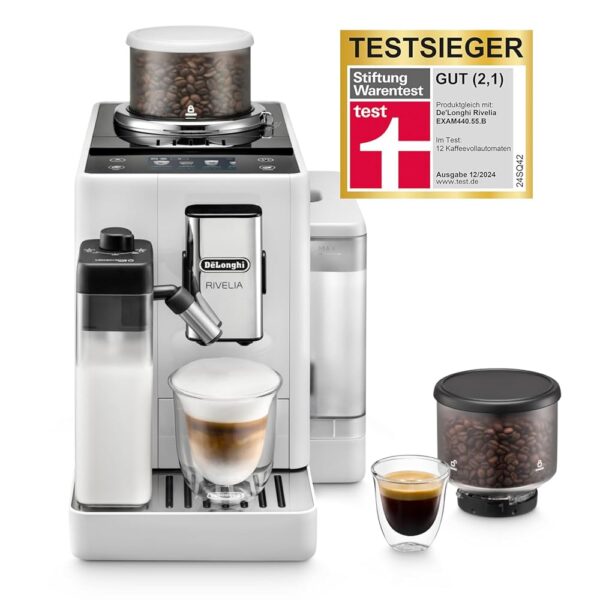 De'Longhi Rivelia EXAM440.55.W Fully Automatic Coffee Machine, LatteCrema Milk System, Interchangeable Bean Container, 16 Coffee/Milk Drinks, Extra Shot Function, 3.5 Inch Touch...
