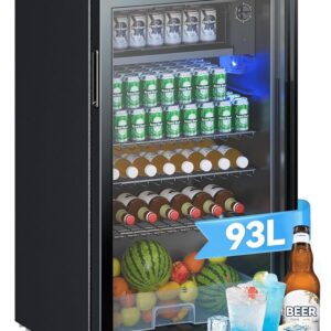 Devoko Drinks Fridge with Glass, 93 L Mini Fridge, with RGB LED Lights, Adjustable Shelves, Indoor/Outdoor, for Home, Office, Parties & Gastro, Mini Bar, Refrigerator, Black