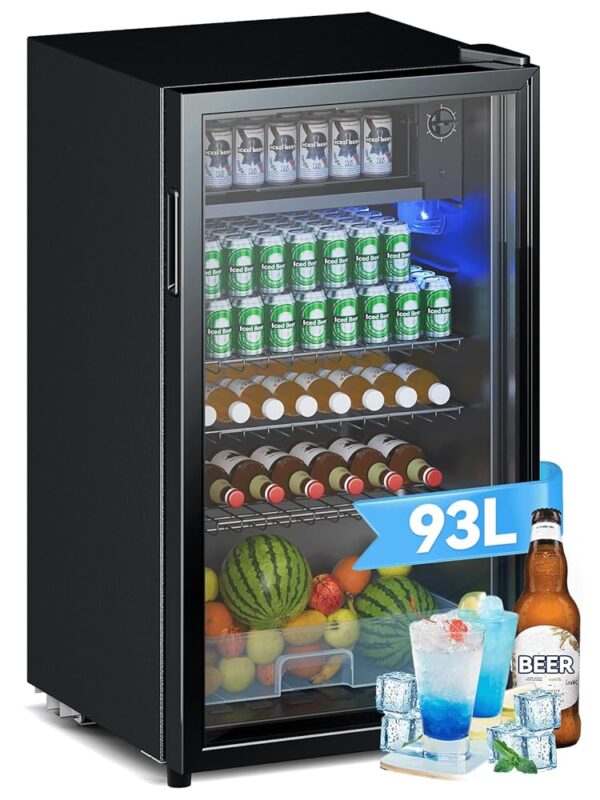 Devoko Drinks Fridge with Glass, 93 L Mini Fridge, with RGB LED Lights, Adjustable Shelves, Indoor/Outdoor, for Home, Office, Parties & Gastro, Mini Bar, Refrigerator, Black