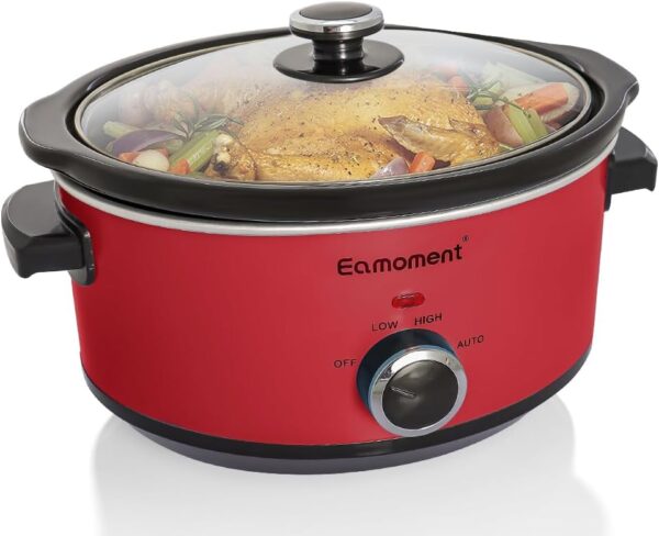 Eamoment 3.5 L, 200 W slow cooker with 3 heat settings and power indicator, dishwasher safe and with carrying handles, glass lid easy to clean (red)