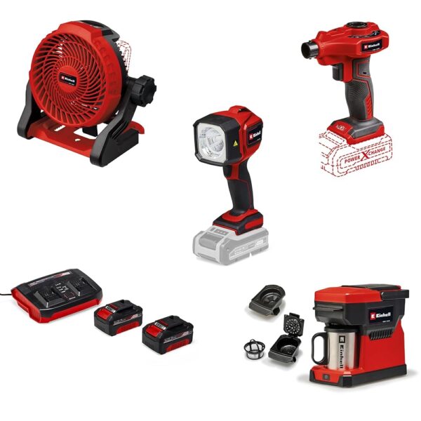 Einhell Power X-Change 18V Camping Kit with Air Pump, Coffee Maker, Lamp, Fan, 2x 4.0Ah Battery, Charger