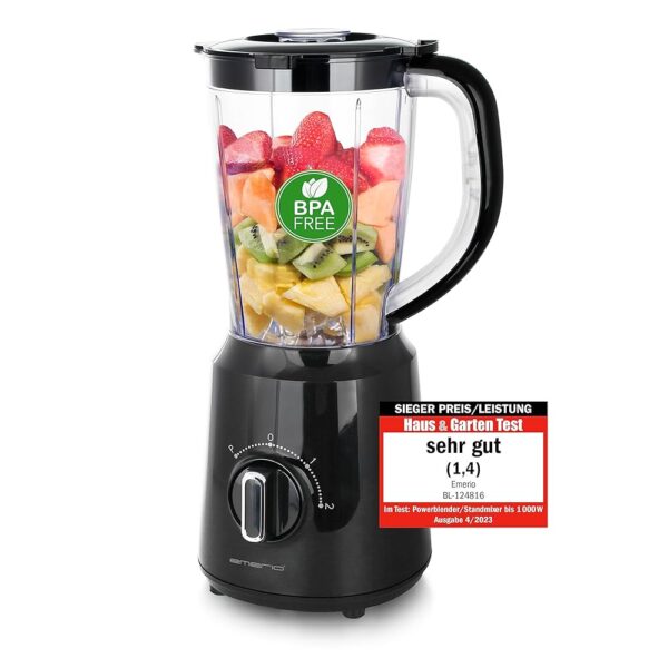 EMERIO BL-124816.8 Blender BPA Free Crush Ice Function 1.5 L Container 2 Speeds + Pulse Function Stainless Steel Blade Unit Safety Switch Dishwasher Safe 500 Watt Black