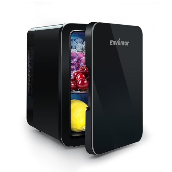 Enventor Mini Fridge 4 Litres, 6 Cans Mini Refrigerators for Bedroom, AC + 12V DC Power Cooler and Warmer, Portable Small Fridge for Car, Cosmetics, Drinks, Fruit, Black