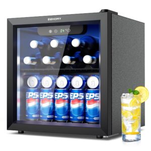 EUHOMY Drinks Fridge, Mini Fridge with Glass Door, Beer Cooler, Table Drinks Fridge for 55 Cans, Black Freestanding Fridge with LED, 43 dB, for Office, Room, Bar, 37 L, Low Noise