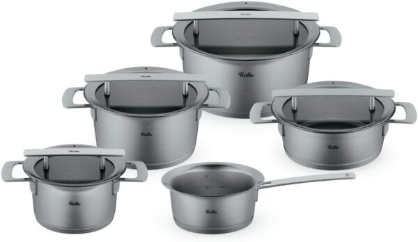 Fissler Phi Collection 5-Piece Stainless Steel Saucepan Set with Glass Lids (3 Saucepans, 1 Stewing Pan, 1 Saucepan) - Induction