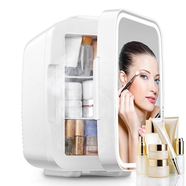 FOHERE 5L Mini Fridge with LED Light Mirror, 220 V AC, Drinks Fridge, Small Skincare Fridge Cooling/Heating Function for Sleep & Living Room, Office Desk, White