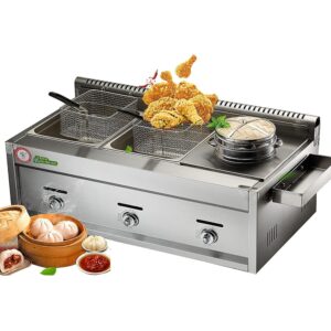 Gas Fryer, Double Cylinder Gas Fryer, 12L, Commercial Deep Gas Fryer, Spice Resistant, Energy Saving, Easy to Clean, with Baskets and Lids (Fryer + Fryer * 2 + Youtiao Frame)