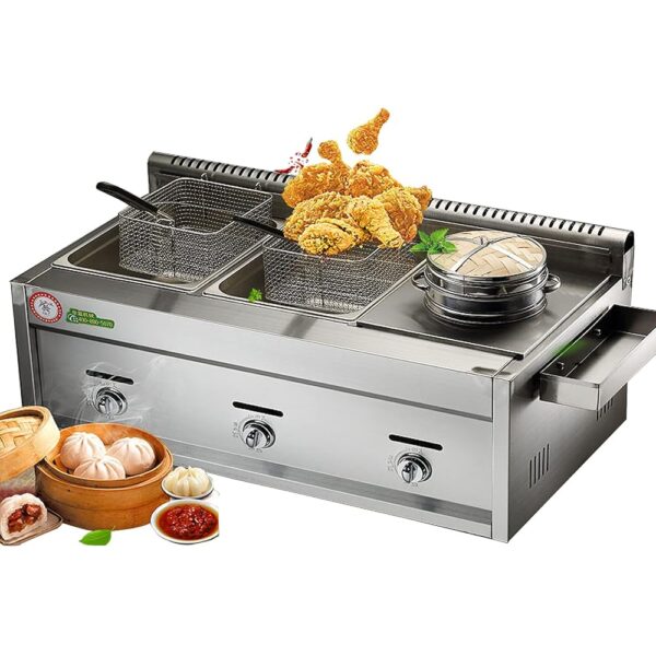 Gas Fryer, Double Cylinder Gas Fryer, 12L, Commercial Deep Gas Fryer, Spice Resistant, Energy Saving, Easy to Clean, with Baskets and Lids (Fryer + Fryer * 2 + Youtiao Frame)