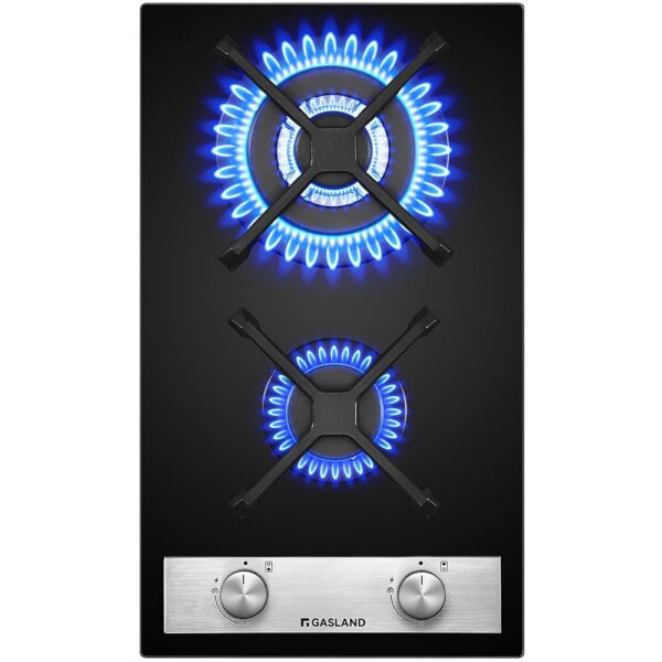 GASLAND GH30BF Glass Gas Hob Built-in Glass Hob 2 Burners 30 cm Gas Built-in Self-sufficient Gas Hob 5200 W Butane Gas Hob Butane Gas Hob with Wok Burner LPG Natural Gas