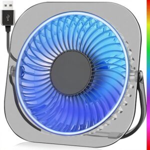GOBRILLFUN RGB Gaming Desk Fan with 3 Speeds, 180° Rotation and Non-Slip Base - Quiet Cooling via USB for Home, Office and Gaming - 20,000 Hours Runtime (Grey Transparent)