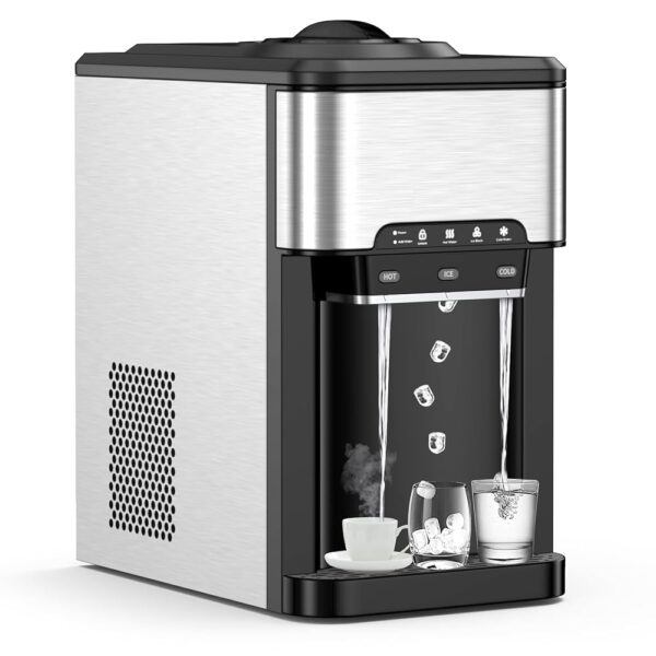 GOPLUS 3-in-1 Water Dispenser with Ice Cubes, Hot & Cold Water, Integrated Ice Maker with Extractor Fan & Compressor, Desktop Water Dispenser 19 kg/Day for Office, Gym & Cafe