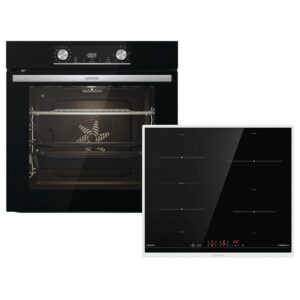 Gorenje 738971 OptiBake Black Steam Pyro Set, 77L, Hot Air, Pyrolysis, ExtraSteam, GentleClose, AirFry, Pizza Mode 300°C, PerfectGrill, Induction Hob with BridgeZone, Black