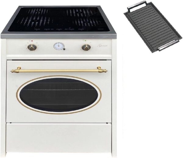 GURARI Standing Induction Hob 60 cm GCH E 612 Cr + Cast Iron Grill Plate Retro Range Coocker Induction Hob with Oven 60 L Hot Air Grill 4 Cooking Zones Induction in Cream