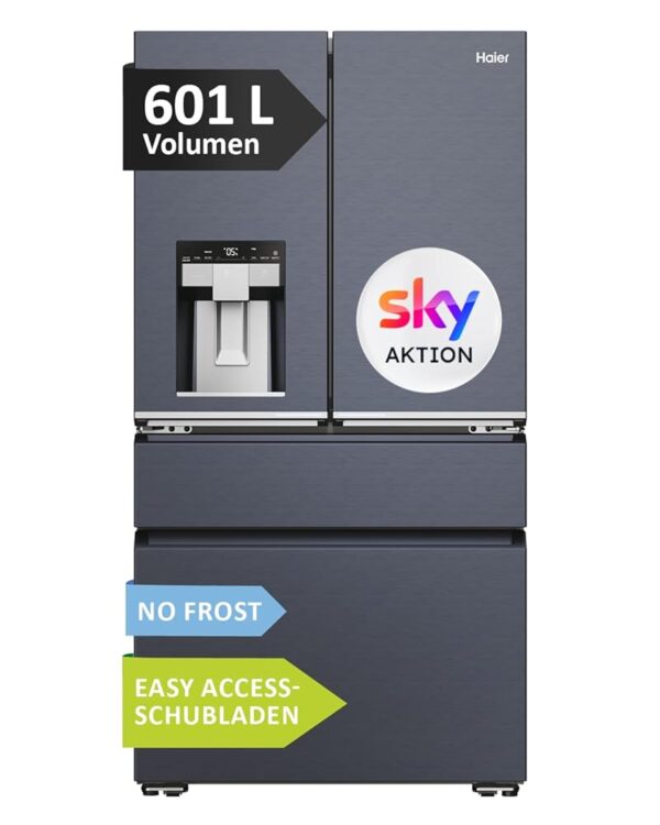 Haier French Door Fridge-Freezer I 91 cm Width, 601 L I French Door Fridge with Ice Cube Dispenser, Wi-Fi & No Frost I Double Door Fridge with Freezer I FD Series 7 PRO HFW7918EIMB