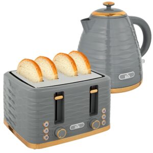 HOMCOM Kettle Toaster Set Breakfast Set with 1.7 L Kettle, 4 Slices Toaster, 2200 W, 7 Browning Levels, Defrosting, Warming and Crumb Compartment, Otter Thermostat, Grey