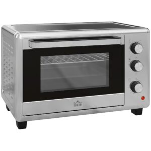HOMCOM Mini Oven, 30 L Pizza Oven, Mini Oven with Baking Tray and Grill Rack, 1600 W Table Oven with Crumb Tray, 60-230°C Toast Oven with 60 Minute Timer, Stainless Steel