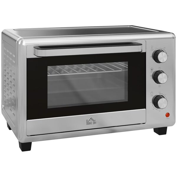 HOMCOM Mini Oven, 30 L Pizza Oven, Mini Oven with Baking Tray and Grill Rack, 1600 W Table Oven with Crumb Tray, 60-230°C Toast Oven with 60 Minute Timer, Stainless Steel