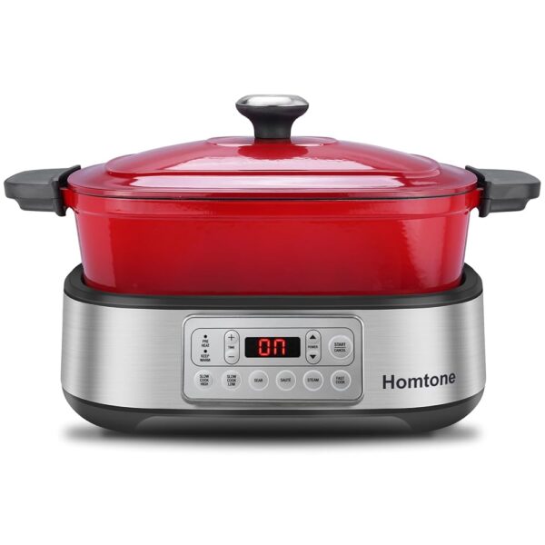 Homtone Slow Cooker, 6-in-1 Slow Cooker, 5.5 L Multicooker, Programmable, Removable Enamel Casserole, Ceramic Non-Stick Coating, Slow Cooking, Searing, Steaming with Steam...