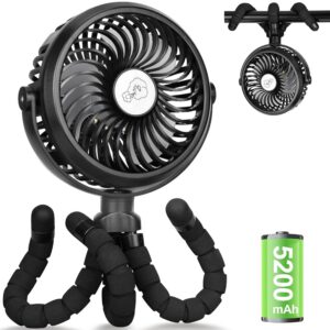 Improved Pram Fans 5200 mAh Battery, Quiet USB Fan with 3 Levels & 360° Adjustable, Portable Camping Mini Table Fan 24 Hours, Hand Fan with Flexible Tripod, Diameter 14.8 cm