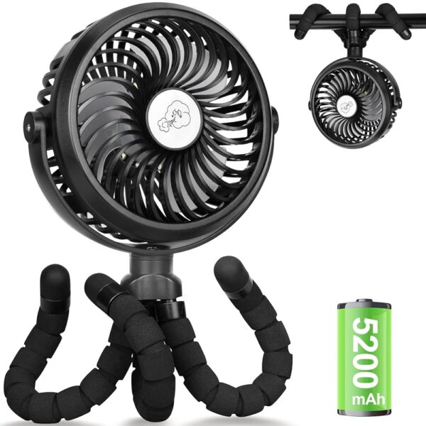 Improved Pram Fans 5200 mAh Battery, Quiet USB Fan with 3 Levels & 360° Adjustable, Portable Camping Mini Table Fan 24 Hours, Hand Fan with Flexible Tripod, Diameter 14.8 cm