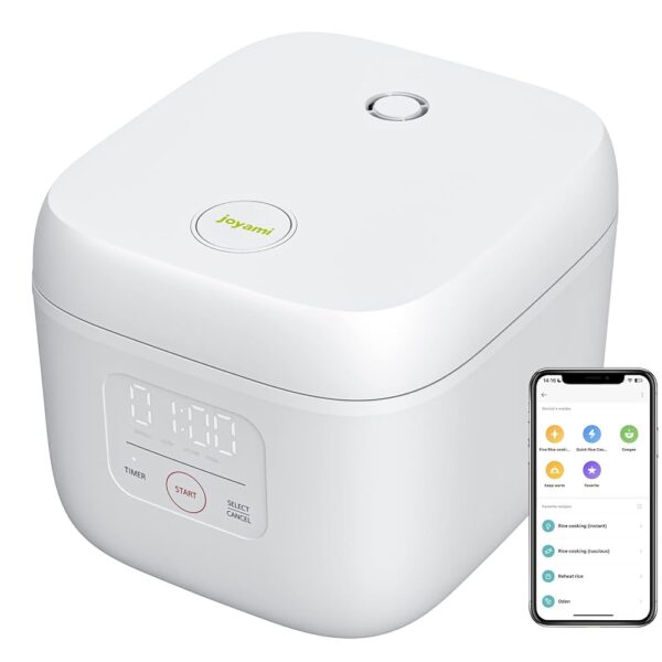 joyami Mini Smart Rice Cooker 0.8 L Non-Stick Coating Pot 6 Bowls for 1-3 People Keep Warm Pre-selection Mode, White