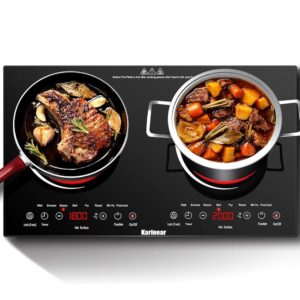 Karinear Glass Ceramic Hob 2 Plates Portable, Ceramic Hob Hob 2 Freestanding, Hob 2 Hobs Portable with Plug, Timer, Child Lock, Residual Heat Indicator, 220-240 V