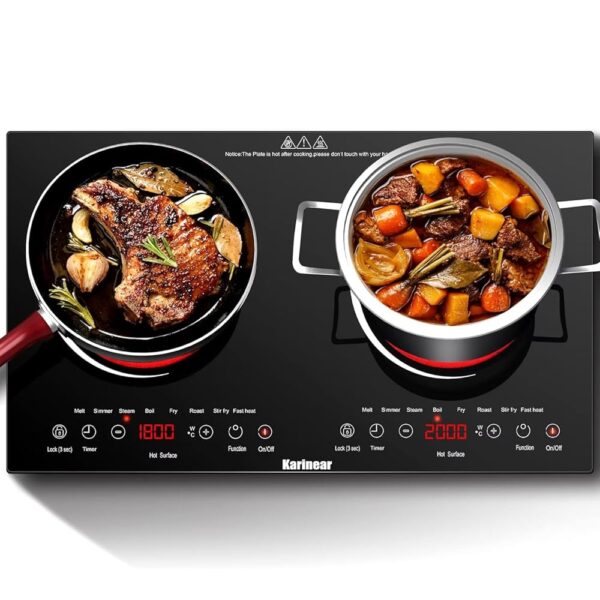 Karinear Glass Ceramic Hob 2 Plates Portable, Ceramic Hob Hob 2 Freestanding, Hob 2 Hobs Portable with Plug, Timer, Child Lock, Residual Heat Indicator, 220-240 V