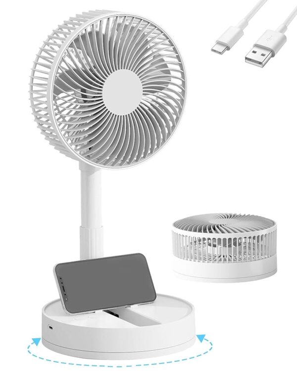 KASYDoFF USB Fan Quiet, 5400 mAh - 24H Battery Life, Oscillating Table Fan, 200 mm Foldable Fan, Small, 4 Levels & Timer Mini Table Fan for Apartment, White