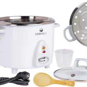 KeMar Rice Cooker (1.8 L, 700 W, White) with Warming Function, Including Steamer Insert, Bamboo Spoon and Measuring Cup (KRC-300 + Steamer Insert) -10 Measuring Cups 1-10...